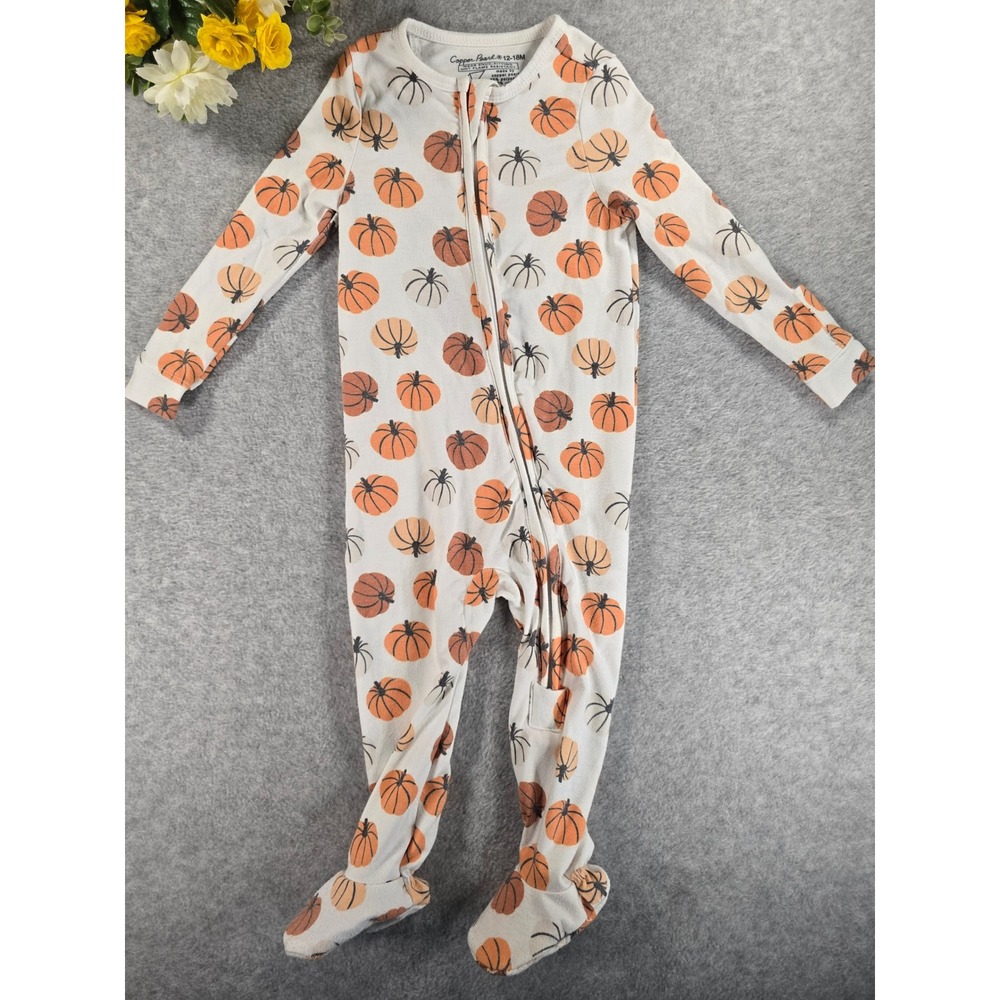 Copper Pearl Baby 12-18m Fall Harvest Pumpkin Footed Pajamas Sleeper Double Zip